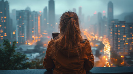 A person stands with their back to the viewer, sipping a warm drink while gazing at a breathtaking city skyline at dusk. The buildings shimmer with lights, creating a serene atmosphere.の素材