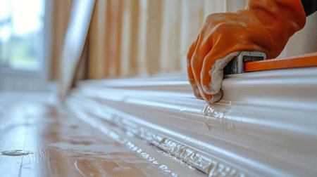 A skilled young woman uses a level to ensure a picture frame is perfectly straight while decorating a stylish living room. The soft lighting creates a warm atmosphere in the space.の素材