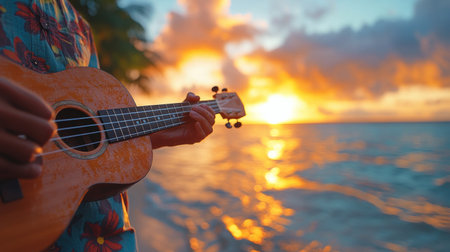 A person strums a wooden ukulele while enjoying a sunny day at the beach. The vibrant flowers on the shirt complement the serene ocean waves and clear sky.の素材