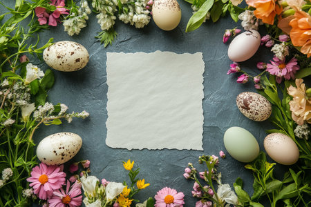 Easter decorations featuring various colored eggs and an array of vibrant flowers create a festive atmosphere. A blank piece of parchment is centered for writing greetings or notes.の素材