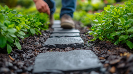 A person walks barefoot along a stone path surrounded by vibrant greenery. The soft glow of the setting sun casts warm light, enhancing the serene atmosphere of the garden.の素材