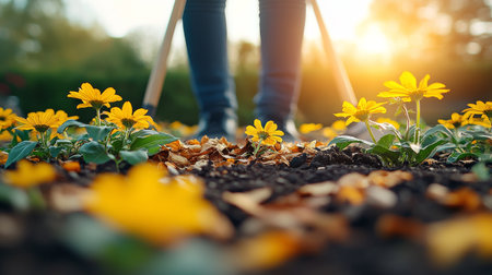 A gardener sweeps fallen leaves from a flower bed bursting with colorful blooms while the sun sets, casting a warm glow in the garden. The serene scene highlights natures beauty.の素材