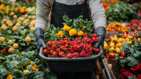 A gardener pushes a wheelbarrow filled with plants through a colorful flower garden during sunset. The warm light enhances the beauty of various blooms.の素材