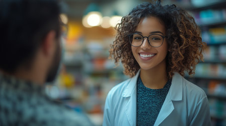 A young female pharmacist in a lab coat smiles warmly while interacting with a customer in a well-stocked pharmacy. The inviting atmosphere encourages conversation and trust.の素材