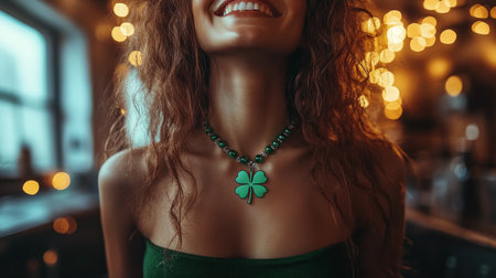 A young woman wearing a green necklace stands in a warm, inviting cafe during sunset. Her casual attire and gentle smile create a friendly atmosphere, inviting conversations.の素材