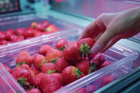 A hand delicately picks a ripe strawberry from a transparent container filled with fresh strawberries in a vibrant market setting.の素材