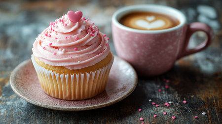 A delightful cupcake with pink frosting and sprinkles sits on a rustic plate next to a latte in a pink cup displaying heart-shaped foam, creating a cozy ambiance.の素材