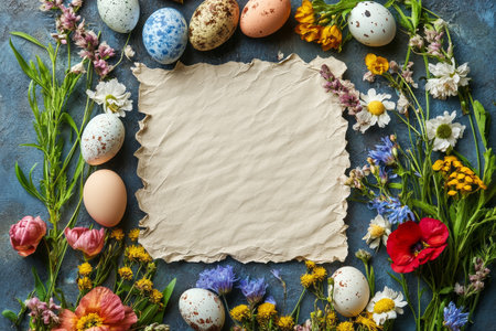 Easter decorations featuring various colored eggs and an array of vibrant flowers create a festive atmosphere. A blank piece of parchment is centered for writing greetings or notes.の素材