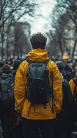 A crowds gather in an urban area as a person in a yellow jacket raises their arms. The atmosphere is charged with energy and purpose, surrounded by tall buildings and autumn trees.の素材
