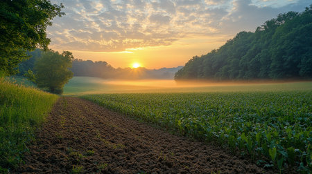 Morning light breaks over a serene landscape, highlighting a golden field surrounded by gentle hills and a soft mist. The tranquil scene captures the beauty of nature awakening.の素材
