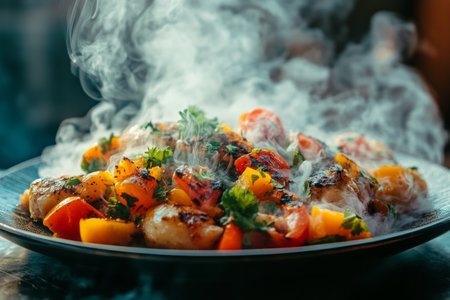 Savory grilled pork chops garnished with green onions served alongside colorful vegetables release aromatic steam, creating an inviting atmosphere in a cozy dining setting.の素材