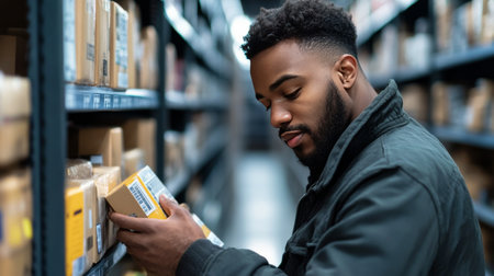 A young man is focused on inspecting a package while standing in a narrow aisle of a warehouse. Boxes are neatly arranged around him, indicating a busy storage area.の素材