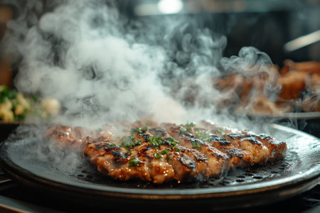 Savory grilled pork chops garnished with green onions served alongside colorful vegetables release aromatic steam, creating an inviting atmosphere in a cozy dining setting.の素材