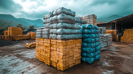 Various construction materials are neatly stacked inside a warehouse. Steel rods, colorful bricks, and blocks are organized for easy access, indicating preparation for upcoming building tasks.の素材