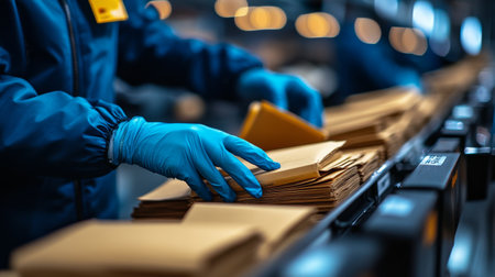 Employees wearing gloves meticulously organize a large number of envelopes on a conveyor belt in a processing facility. This activity showcases teamwork and efficiency.の素材