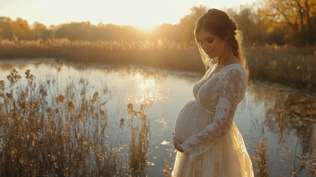 A pregnant woman wearing a white lace dress stands gracefully near calm water, bathed in warm sunset hues, surrounded by tall grasses and a peaceful natural setting.の素材