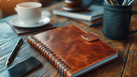 A wooden table holds a brown leather notebook, a takeaway coffee cup, and a smartphone next to a cup of hot coffee, creating a warm atmosphere perfect for work or study.の素材