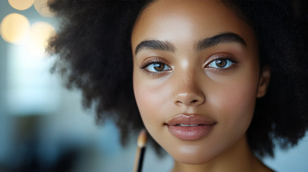 A skilled artist applies makeup to a model in a bright studio. The models natural beauty shines with defined features and a radiant smile, showing the art of makeup.の素材