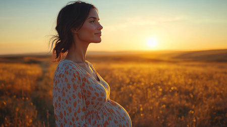A pregnant woman wearing a white lace dress stands gracefully near calm water, bathed in warm sunset hues, surrounded by tall grasses and a peaceful natural setting.の素材
