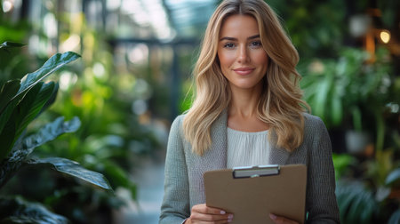 A young woman wearing glasses stands confidently, holding a clipboard in a contemporary indoor space filled with soft lighting and people engaged in conversation.の素材