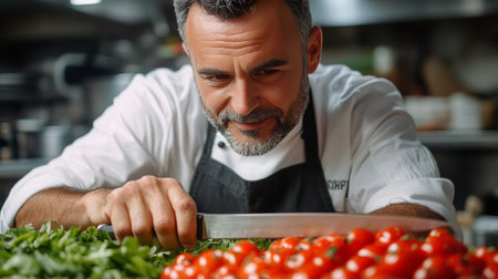 A chef smiles while chopping vibrant vegetables in a bustling kitchen. Fresh greens and tomatoes are spread across the counter, showing a commitment to quality food preparation.の素材