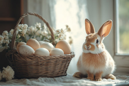 A fluffy bunny sits beside a woven basket filled with eggs, surrounded by delicate flowers. Sunlight filters through the window, creating a warm ambiance.の素材