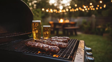 Friends enjoy a warm evening outdoors, grilling sausages over an open flame while refreshing beverages cool nearby. The atmosphere is relaxed and inviting.の素材