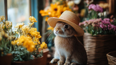 A small rabbit with soft fur wears a straw hat while exploring a colorful garden filled with blooming flowers. The bright sunlight enhances the cheerful atmosphere.の素材
