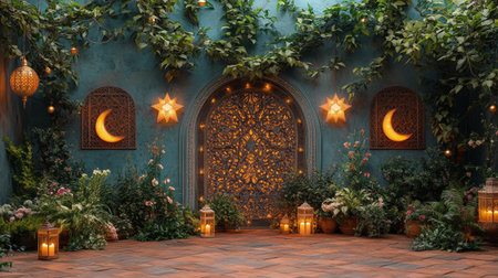 A tranquil courtyard features intricate wall decor highlighted by soft lantern light. Moon-shaped designs adorn the walls, surrounded by lush greenery and flowering plants at dusk.の素材