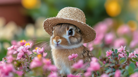 A small rabbit with soft fur wears a straw hat while exploring a colorful garden filled with blooming flowers. The bright sunlight enhances the cheerful atmosphere.の素材
