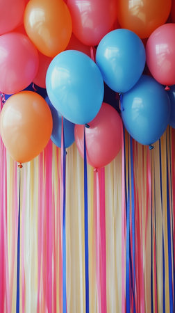 A vibrant collection of balloons in various colors hangs against a bright blue background, adding joy to a celebratory atmosphere. Streamers dangle from the balloons, enhancing the festive look.の素材