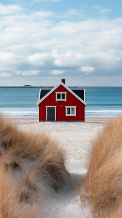 A bright red house stands isolated on a beach, with golden sand dunes framing the view. Gentle ocean waves lap at the shore beneath an overcast sky.の素材