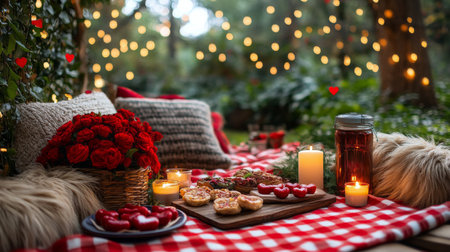 A peaceful picnic setup by the lake features a checkered blanket adorned with selectable snacks and lit candles. The soft glow of lights enhances the tranquil atmosphere at dusk.の素材