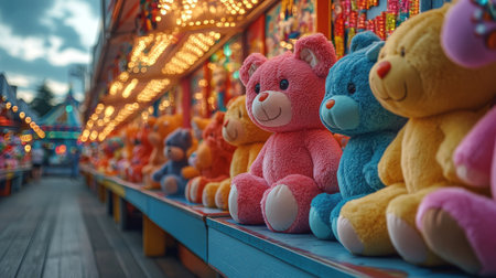 A row of plush teddy bears in various pastel colors sits neatly on a booth shelf at a fair. The backdrop features bright prizes, creating a lively atmosphere.の素材