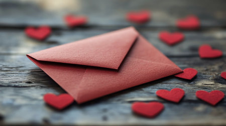 A red envelope sits on a rustic wooden table, surrounded by numerous small red heart decorations.の素材