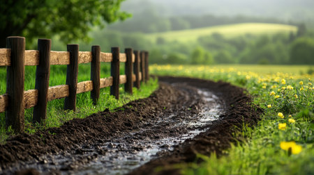 A row of vibrant green plants thrives in rich, dark soil, bordered by a rustic wooden fence. The scene is set in a tranquil garden surrounded by lush greenery, evoking a peaceful atmosphere.の素材