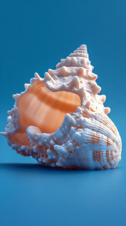 A large striped shell is resting against a bright blue wall, showing intricate patterns. This coastal image emphasizes colors and textures in a warm, sunny environment.の素材