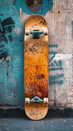 A worn skateboard is propped against a textured wall covered in peeling paint and shadows, illuminated by daylight streaming in, creating a quiet but dynamic urban moment.の素材