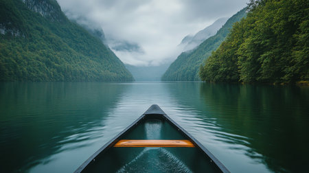 A yellow canoe floats gently on serene water, reflecting the stunning green and mountainous landscape under a bright blue sky. Tall peaks and lush greenery create a picturesque backdrop.の素材