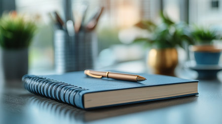 A blue spiral notebook rests on a wooden desk with a gold pen placed on top. In the background, there are potted plants and a soft, natural light fills the room.の素材