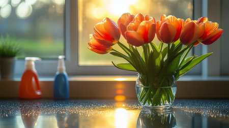 A bouquet of bright orange tulips fills a glass vase on a countertop, illuminated by warm sunlight from a nearby window. Cleaning supplies are subtly placed in the background.の素材
