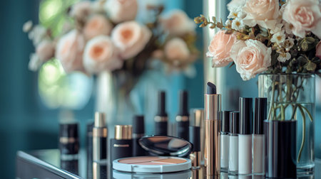 Various cosmetic products are neatly arranged on a marble vanity. The warm sunlight highlights the elegant design and luxurious textures of the beauty items in a stylish setting.の素材