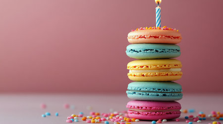 Delicate macarons in pink and blue are stacked with a lit candle on top, surrounded by colorful sprinkles and festive decorations, creating a joyful atmosphere for a celebration.の素材