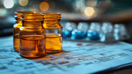 A few amber vials filled with liquid are placed on a laboratory table alongside detailed paperwork. Colorful glass pieces are blurred in the background, suggesting a scientific environment.の素材