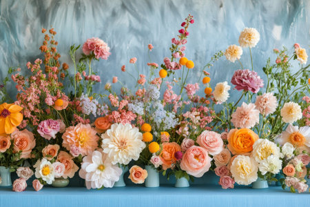 A vibrant display of assorted flowers fills a blue table, showing a mix of roses, dahlias, and other blooms. The arrangement features soft pastels and bright hues against a textured backdrop.の素材