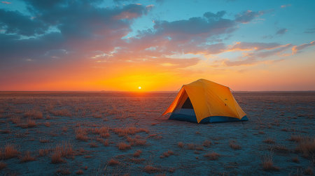 A bright yellow tent is set up in an expansive landscape as the sun sets on the horizon. The sky is painted with warm colors, creating a peaceful outdoor scene.の素材