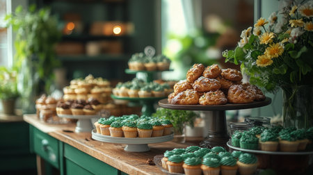 A delightful spread of assorted cupcakes and pastries is showcased on wooden tables in a bright and inviting cafe. The arrangement features colorful frosting and fresh flowers.の素材
