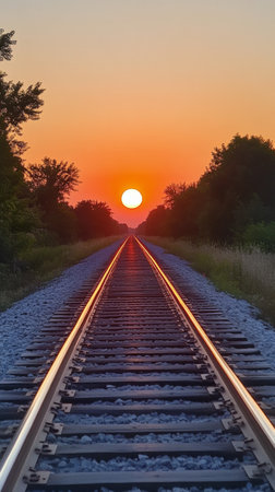 Vibrant sunset colors fill the sky over a railway station. The sun sets between trees, casting warm light on the tracks and platform, creating a serene atmosphere.の素材