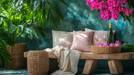 A charming outdoor seating area features a wooden bench surrounded by lush plants and vibrant pink flowers.の素材