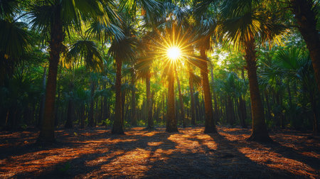 Sunlight filters through tall trees in a dense forest, illuminating the path below. The vibrant greenery creates a serene atmosphere, inviting exploration in the early morning.の素材